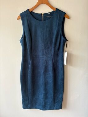 Calvin Klein Teal Faux Suede Sheath Dress Size 10 NWT Sleeveless Career Cocktail
